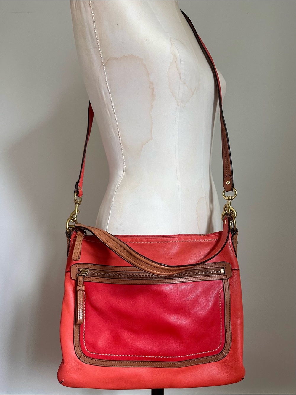 Coach Poppy Leather Colourblock Perri Hippie Convertible Bag - Vermillion 22432